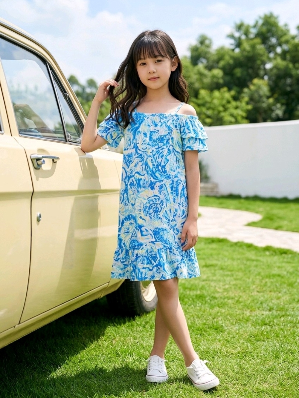 Lilly Pulitzer Blue & White Floral Off-Shoulder Girls Dress